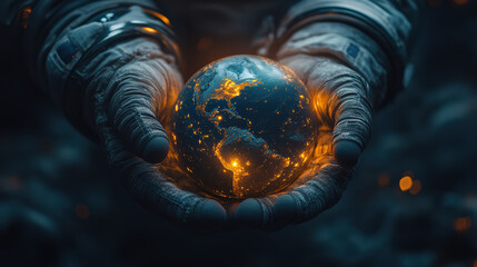astronaut holding glowing Earth symbolizing unity and exploration
