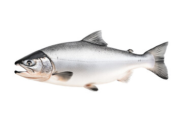 Fototapeta premium Raw salmon fish with detailed fins and scales, isolated on white transparent background, concept of marine life.