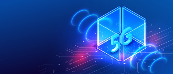 5G internet network communication with glass transmitter and wireless signal hi-speed on circuit board isometric background. 5G 3d symbol with light speed. Vector illustration.