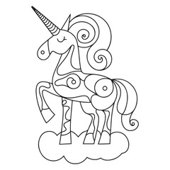 Cute cartoon pegasus. Pony princess. Unicorn. Black and white vector illustration for coloring book