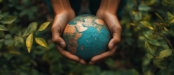 Hands holding a globe amidst a vibrant green forest, representing the need for global environmental protection and ecoconscious living