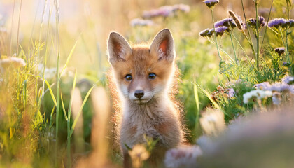 Obraz premium A curious red fox cub peeks out from tall grass, surrounded by vibrant wildflowers, capturing the essence of spring's cheerful awakening in a serene and colorful landscape