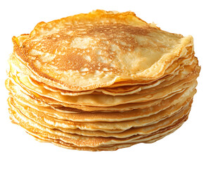 A stack of golden, thin pancakes, ready to be served as a delicious breakfast or dessert isolated on a white background, png transparent