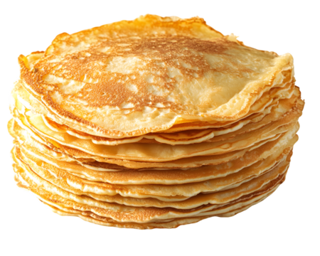 A stack of golden, thin pancakes, ready to be served as a delicious breakfast or dessert isolated on a white background, png transparent
