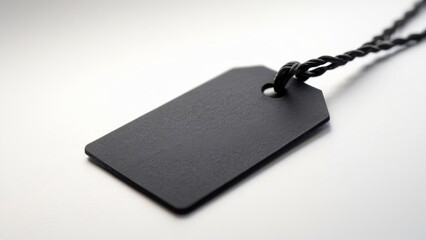 black product tag with text on white background