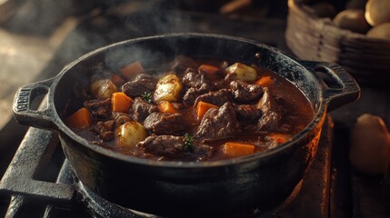 slow cooker beef stew in dutch oven pot, on stove, comfort food
