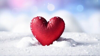 Obraz premium close up photo of red heart lying in snow, valentine's day concept