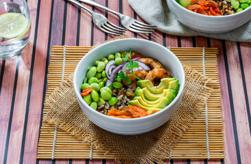 Spiced prawn, avocado and kimchi bowl - Korean inspired healthy food