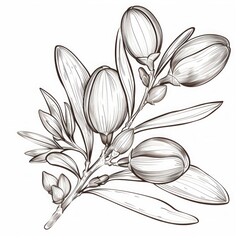 Jojoba. Ayurveda. Black and white botanical illustration of jojoba plant branches, featuring detailed leaves and seed pods, drawn with fine black lines on a white background.