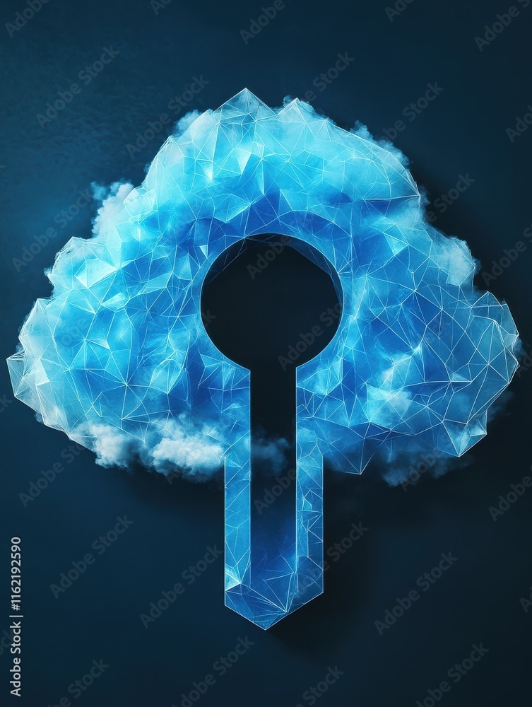 Poster abstract blue polygonal cloud with key hole background. cloud computing and web concept. 3d renderin