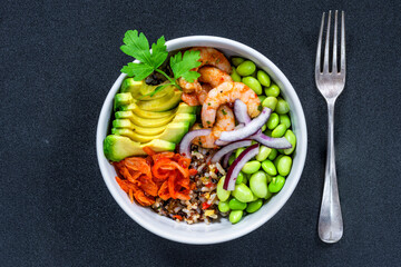 Spiced prawn, avocado and kimchi bowl - Korean inspired healthy food