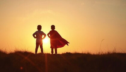 Two children in superhero capes at sunset, symbolizing imagination and friendship