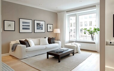 Modern living room with white sofa, neutral decor, and large window.