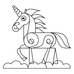 Illustration of a cute kawaii unicorn coloring page. Black and white outline vector cartoon character colouring book