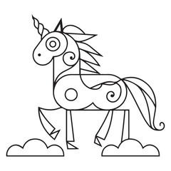 Illustration of a cute kawaii unicorn coloring page. Black and white outline vector cartoon character colouring book