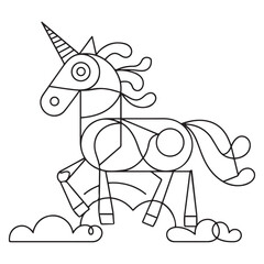 Illustration of a cute kawaii unicorn coloring page. Black and white outline vector cartoon character colouring book