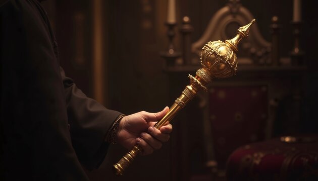 Hand holding ornate golden scepter in dimly lit room, symbol of power and authority
