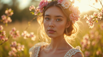 Fototapeta premium Woman in spring dress surrounded by flowers, sunlight falling on her face