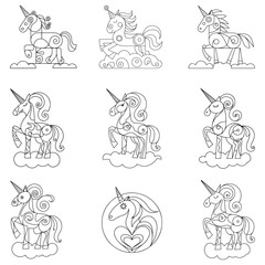 Line art unicorn kids illustration for Children's coloring book page