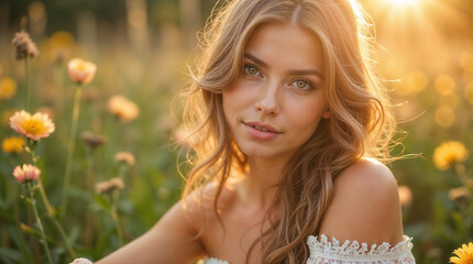 Fototapeta premium Woman in spring dress surrounded by flowers, sunlight falling on her face