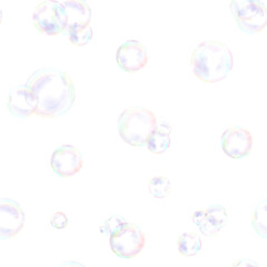 Round soap bubbles on seamless pattern. Watercolor digital illustration. Soap bubbles of different sizes, with rainbow reflection on isolated white background. Theme of holiday, birthday, cleaning