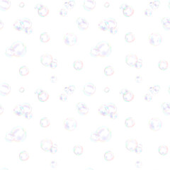 Round soap bubbles on seamless pattern. Watercolor digital illustration. Soap bubbles of different sizes, with rainbow reflection on isolated white background. Theme of holiday, birthday, cleaning