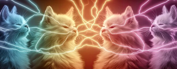 Celebrating Furry Influencers and Their Online Communities, a glowing abstract scene of a group of pets digitally connected via neon-infused cables, symbolizing their online presence
