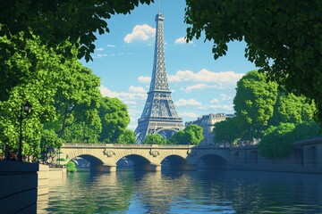 Obraz premium Stunning view of the eiffel tower framed by lush trees and a serene river on a bright day