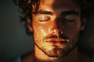 Fototapeta premium Close-up of a young man's face, eyes closed, sunlit skin, and short beard.