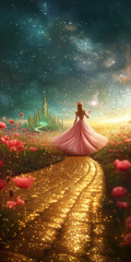 Back view of a blonde fairy princess in pink with a wand in a magical green kingdom with poppies and a yellow road.