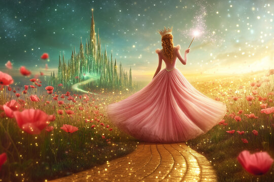 Fototapeta Back view of a blonde fairy princess in pink with a wand in a magical green kingdom with poppies and a yellow road.