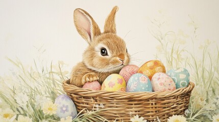 Adorable little bunny sitting in a decorative basket filled with colorful easter eggs, surrounded by festive spring decorations, perfect for celebrating the joyful holiday season and capturing the spi