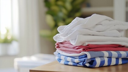 A neatly folded stack of laundry in a bright, cozy room.