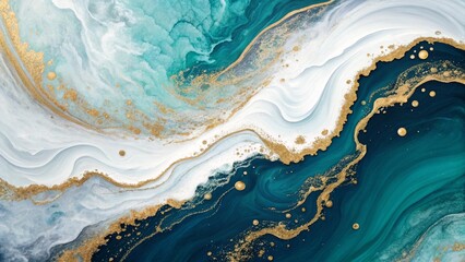 Obraz premium abstract fluid art, teal and gold marbling, swirling patterns, ocean-inspired, luxurious texture, aerial view, wavy lines, metallic accents, resin art, high contrast, turquoise and white, geode-like, 