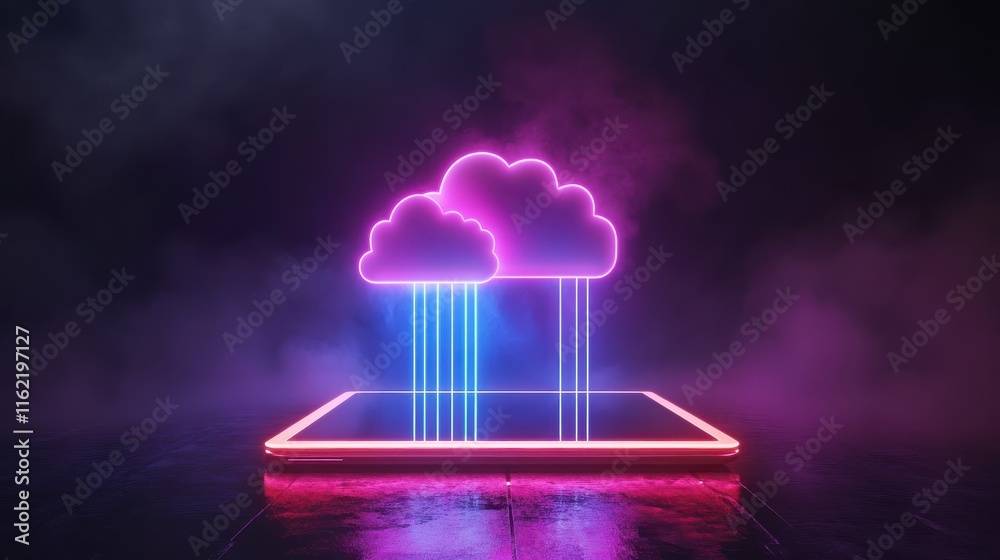 Poster neon light showing cloud computing on tablet computer. neon light showing cloud computing on tablet 