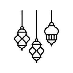 Elegant Black Line Art of Hanging Islamic Lanterns. Set of traditional vintage arab lanterns. Isolated line icons, logos, Vector illustrations for muslim holiday Ramadan Kareeem.