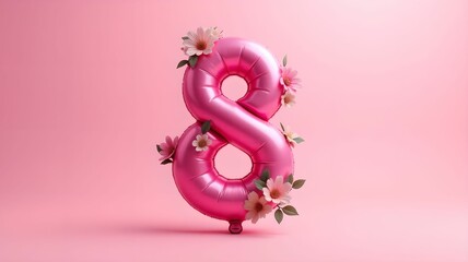 Fototapeta premium Bright pink balloon in the shape of 8 decorated with colorful flowers on a pink background. Holiday March 8, Women's Day.