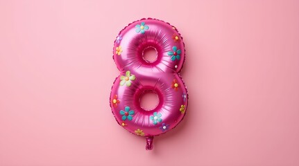 Bright pink balloon in the shape of 8 decorated with colorful flowers on a pink background. Holiday March 8, Women's Day.