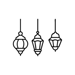 Elegant Black Line Art of Hanging Islamic Lanterns. Set of traditional vintage arab lanterns. Isolated line icons, logos, Vector illustrations for muslim holiday Ramadan Kareeem.
