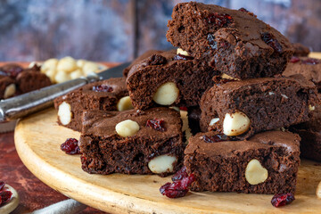 Chocolate brownies with macadamia nut and dried cranberries