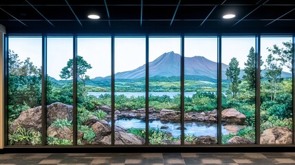 Fototapeta premium Serene Volcanic Lake Landscape Mural Window View