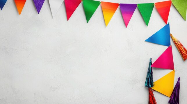 A vibrant arrangement of colorful party banners and festive decorations against a light background, perfect for celebrations or events.