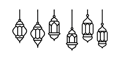 Elegant Black Line Art of Hanging Islamic Lanterns. Set of traditional vintage arab lanterns. Isolated line icons, logos, Vector illustrations for muslim holiday Ramadan Kareeem.