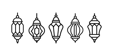 Elegant Black Line Art of Hanging Islamic Lanterns. Set of traditional vintage arab lanterns. Isolated line icons, logos, Vector illustrations for muslim holiday Ramadan Kareeem.