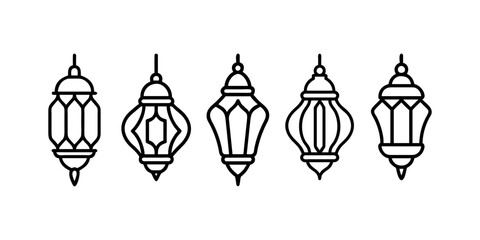 Elegant Black Line Art of Hanging Islamic Lanterns. Set of traditional vintage arab lanterns. Isolated line icons, logos, Vector illustrations for muslim holiday Ramadan Kareeem.