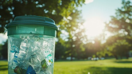 Obraz premium Bright Suburban Park Shot with Litter Bin in Sunlight