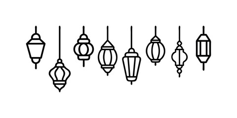 Elegant Black Line Art of Hanging Islamic Lanterns. Set of traditional vintage arab lanterns. Isolated line icons, logos, Vector illustrations for muslim holiday Ramadan Kareeem.