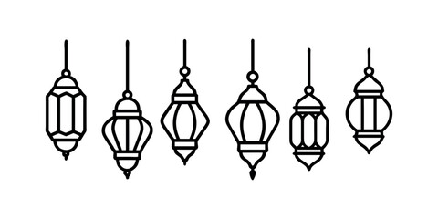 Elegant Black Line Art of Hanging Islamic Lanterns. Set of traditional vintage arab lanterns. Isolated line icons, logos, Vector illustrations for muslim holiday Ramadan Kareeem.