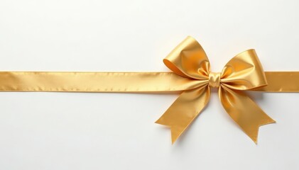 Fototapeta premium Elegant golden ribbon bow, pristine white backdrop, birthday, satin, party