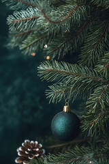 Beautiful Christmas Background with green pine tree brunch close up. Copy space, trendy moody dark toned design for seasonal quotes. Vintage December wallpaper. Natural winter holiday forest backdrop